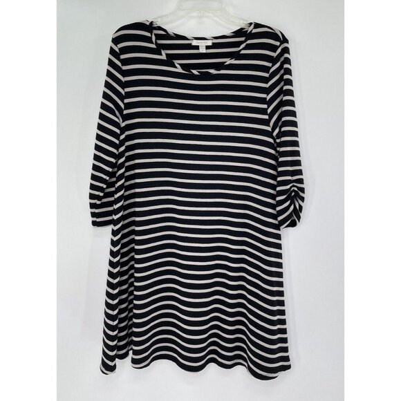 Garnet Hill Women’s Tunic Top  Black White Striped Ruched 3/4 Sleeve Jersey Sz M - Picture 1 of 11